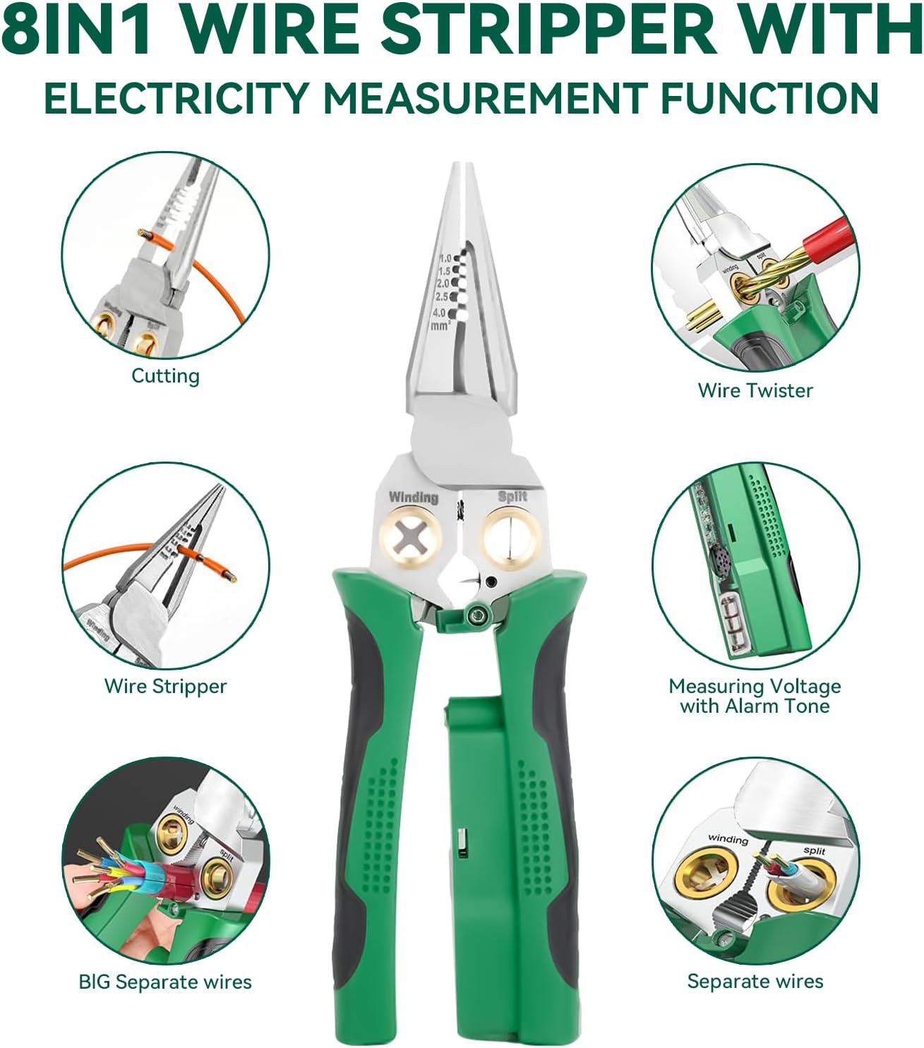 8 In 1 Wire Stripper With Voltage Tester, Multi-Function Electric Wire Stripping Tool For Cutting And Pulling Pliers, Electrician Repair Tool, Wire Strippers Electrical (Green)
